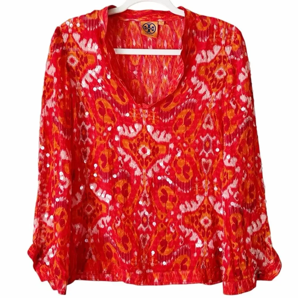 Tory Burch | Stephanie Tunic Top Sequin Embellished Ikat Red Orange Size 2